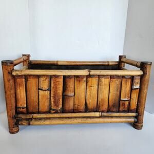 Vtg Boho Mid Century Rattan Bamboo Tiki Basket Table / Floor Plant Stand Patina